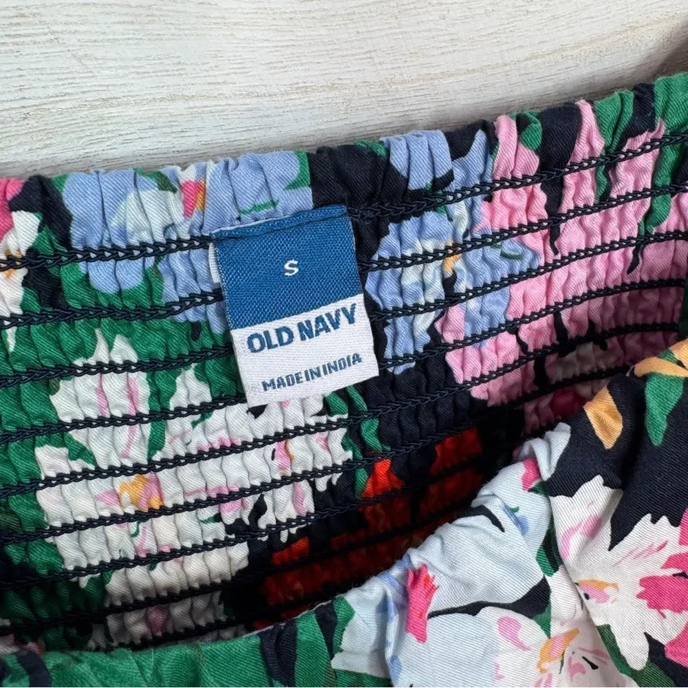 Old Navy Floral Puff Sleeve Peplum Flared Hem V‎ Neck Top Shirt Blue Multi Small